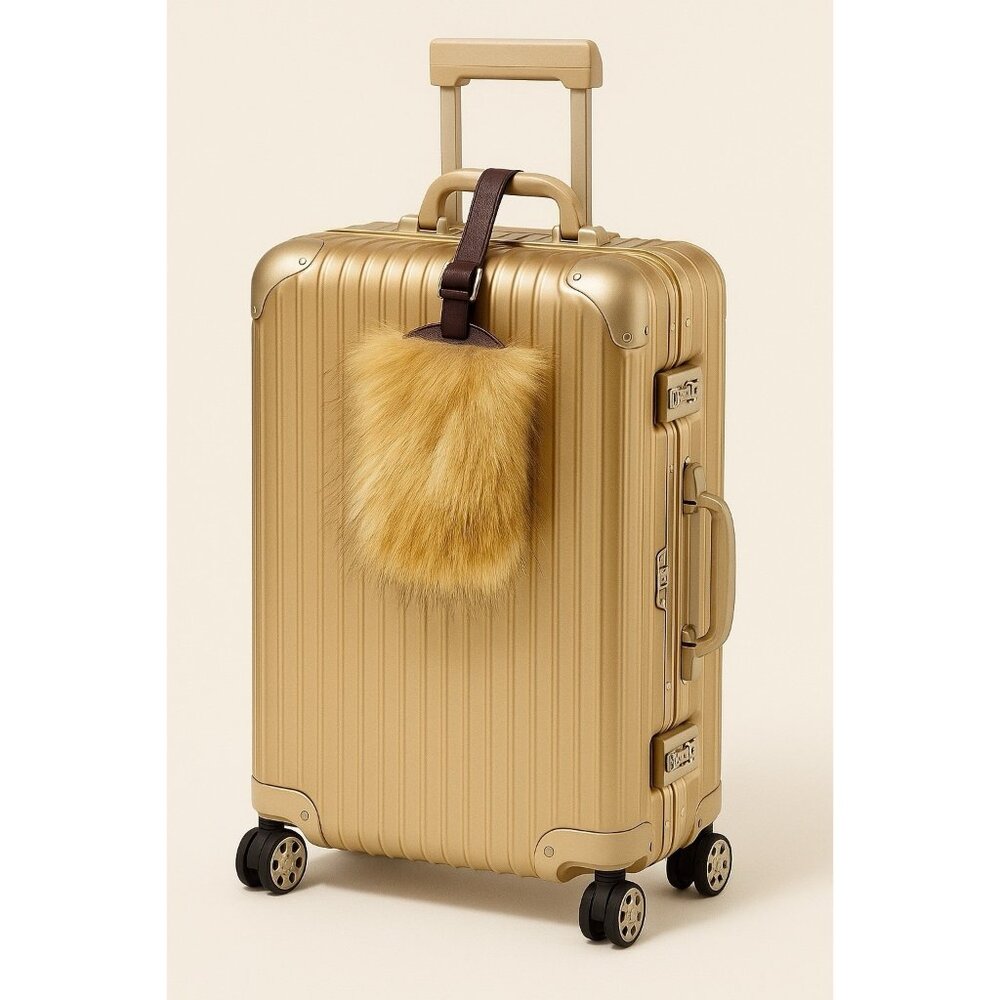 Coyote Fur Luggage Tag Handmade USA Brown Leather Travel ID Label